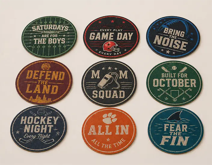Set of pulpboard sports-themed coasters with bold designs arranged in a clean grid on a neutral background.