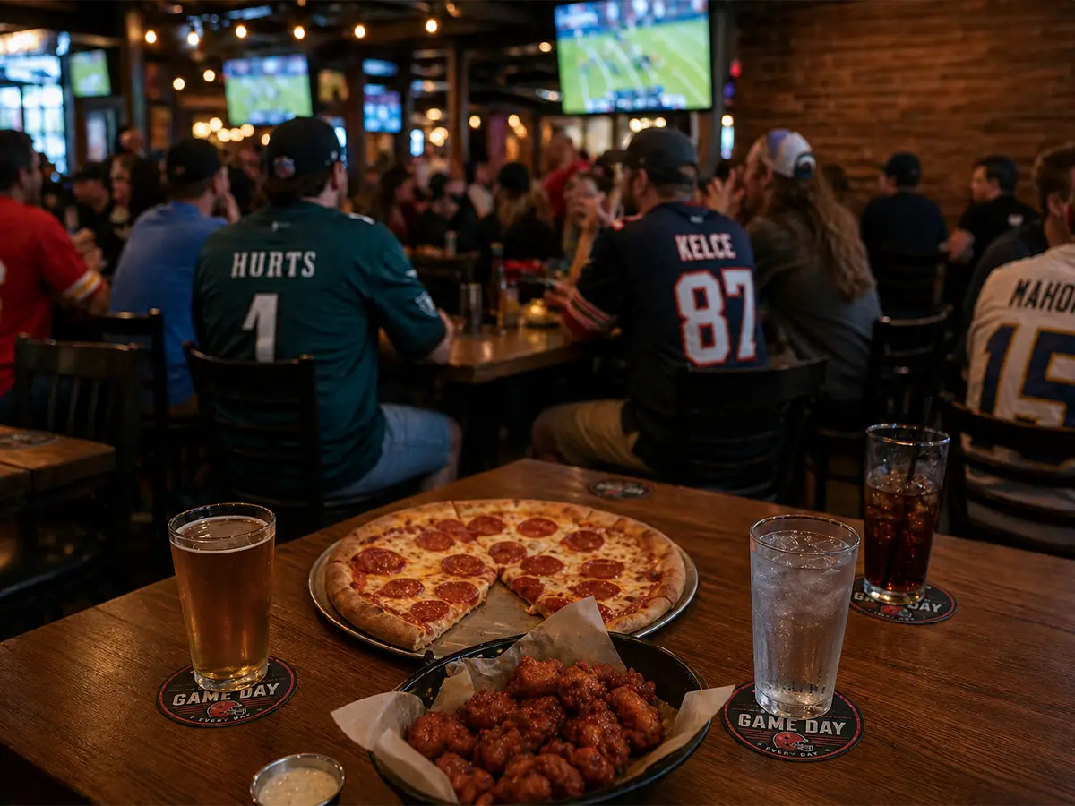 Drinks on pulpboard coasters with pizza and wings on a table in a busy sports bar during a live game.