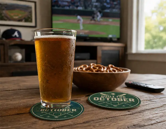 Glass of beer on a pulpboard coaster on a wooden table in a home setting with a sports game on TV in the background.