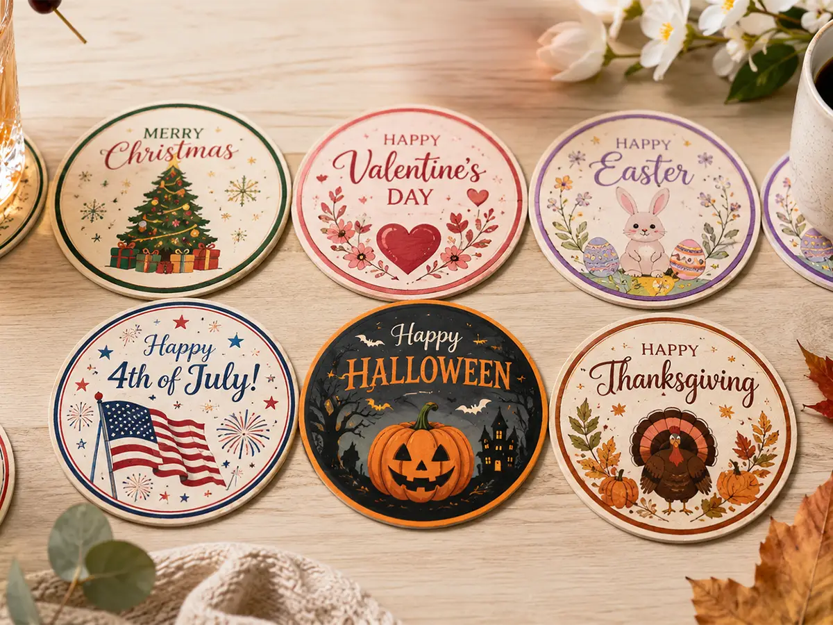 Holiday-themed custom pulpboard coasters for Christmas, Valentine's Day, Easter, Fourth of July, Halloween, and Thanksgiving.