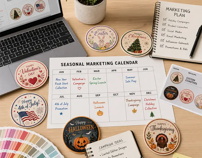 Seasonal marketing calendar with holiday custom coaster samples, design notes, and campaign planning materials on a desk.