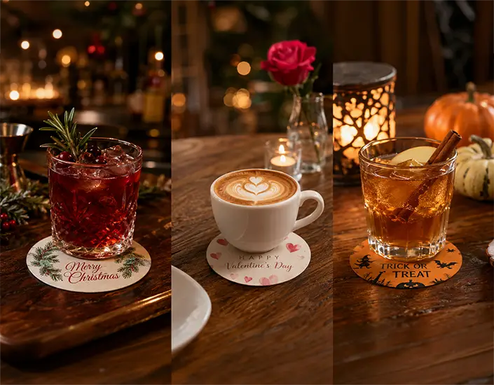 Holiday coasters used under festive drinks in bar and cafe settings for Christmas, Valentine's Day, and Halloween promotions.