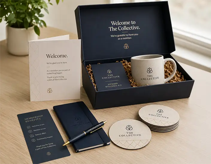 Welcome kit with branded coasters, mug, notebook, pen, and membership materials arranged on a desk.