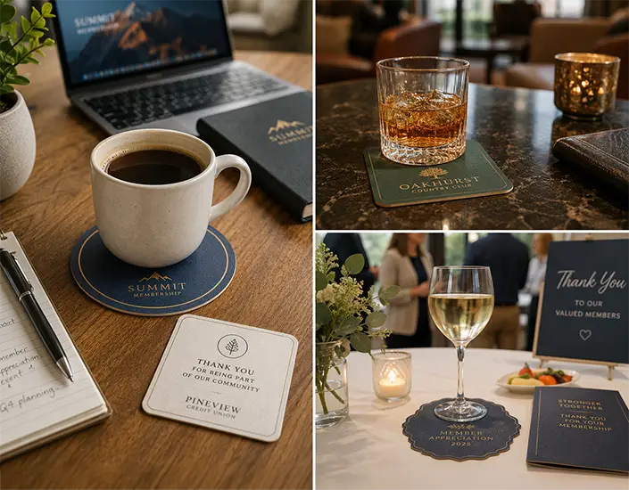 Custom membership coasters shown in home office, lounge, and event settings with drinks and branded materials.