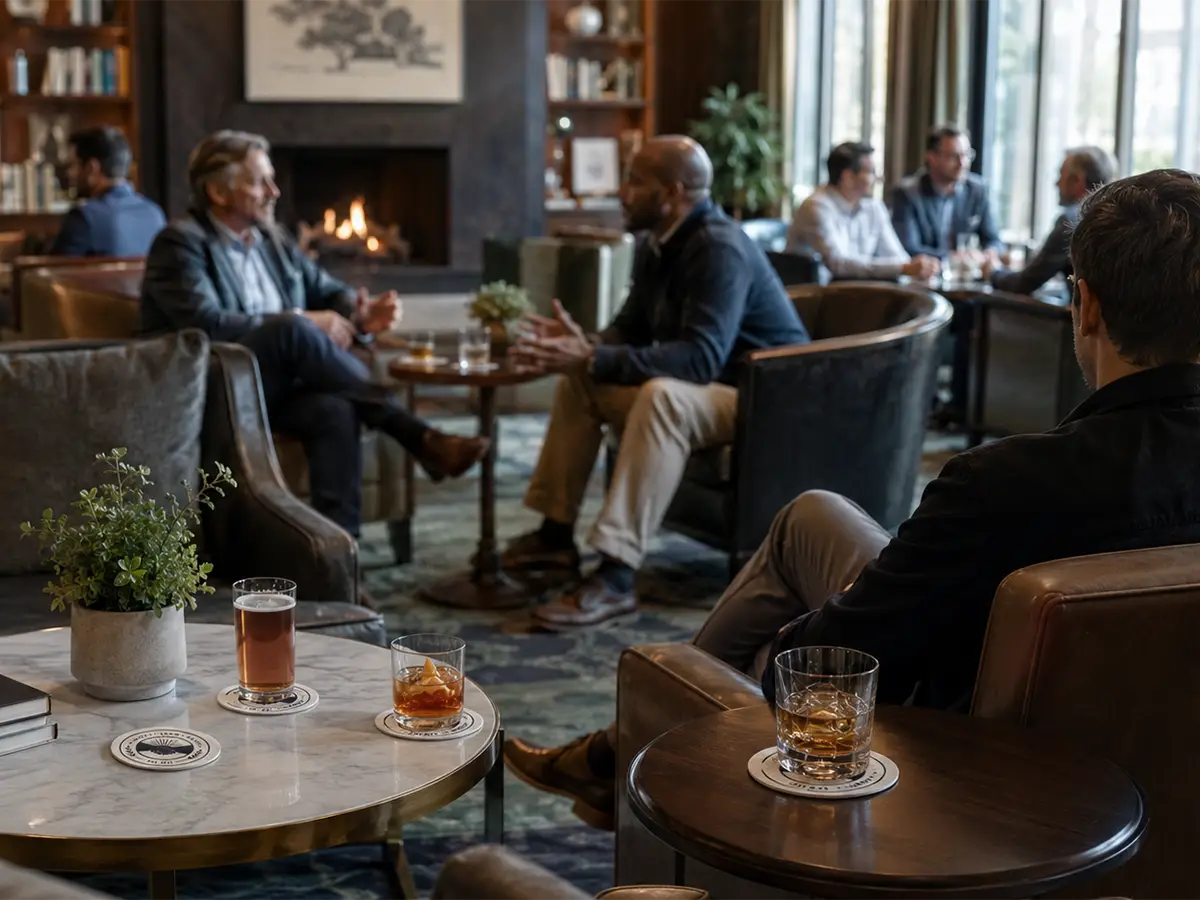 Private club lounge with members socializing while drinks sit on branded pulpboard coasters.