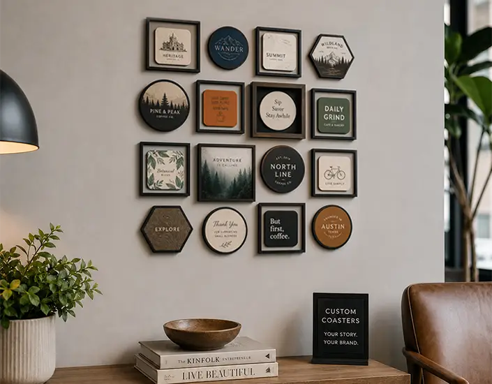 Gallery wall display featuring framed custom coasters in different shapes, styles, and colors above a modern console table.