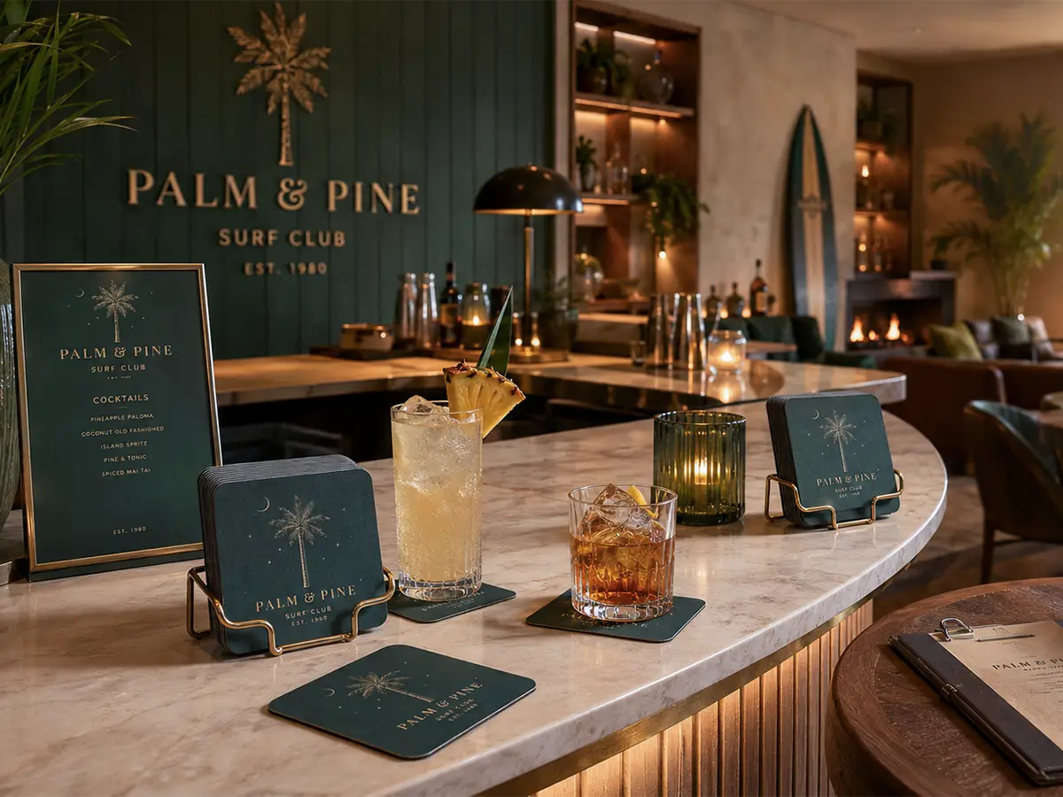 Custom coasters displayed on a hotel bar counter with drinks, menus, and branded stands in a warm hospitality setting.