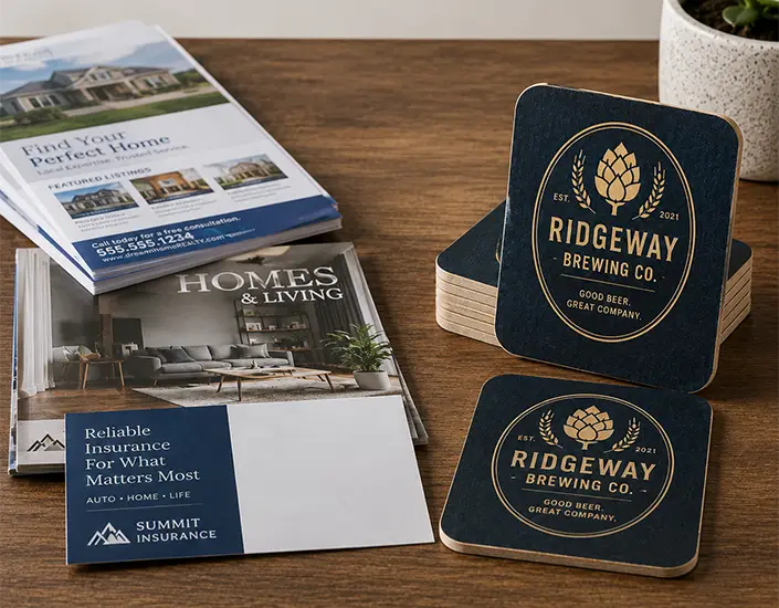 Custom Ridgeway Brewing Co. coasters displayed beside traditional print ads, showing promotional coasters as a premium marketing tool.
