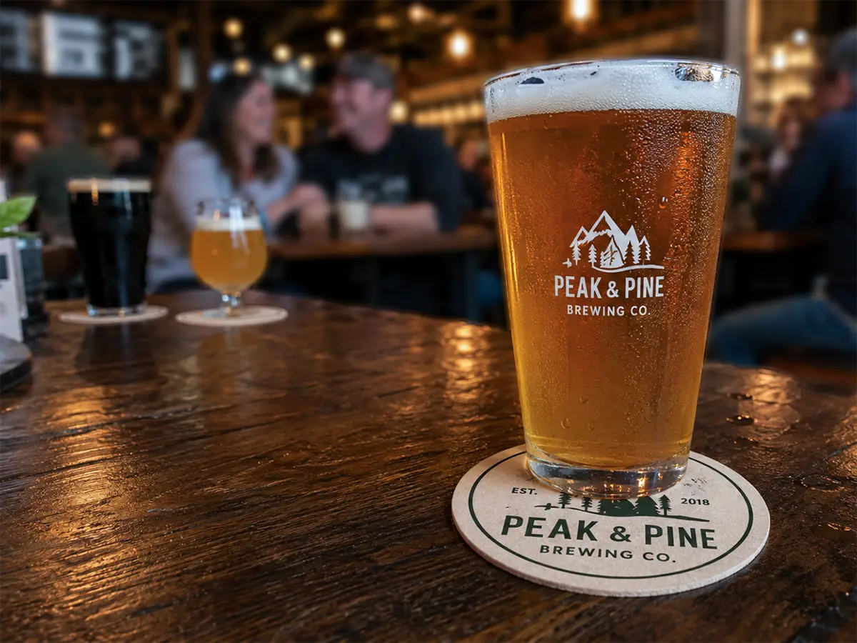Branded Peak & Pine Brewing Co. coaster under a beer glass in a busy brewery, highlighting real-world coaster advertising.