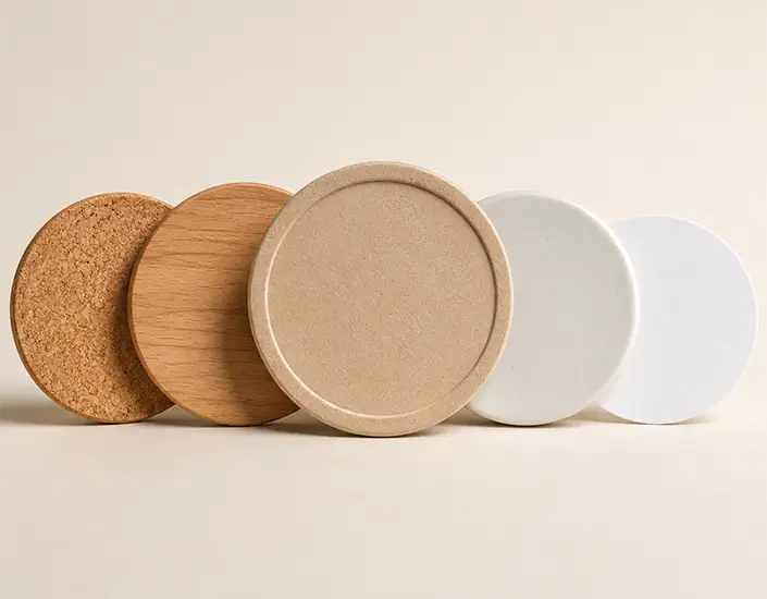 Eco-friendly coaster material comparison showing cork, wood, pulpboard, ceramic, and paper coasters on a neutral background.