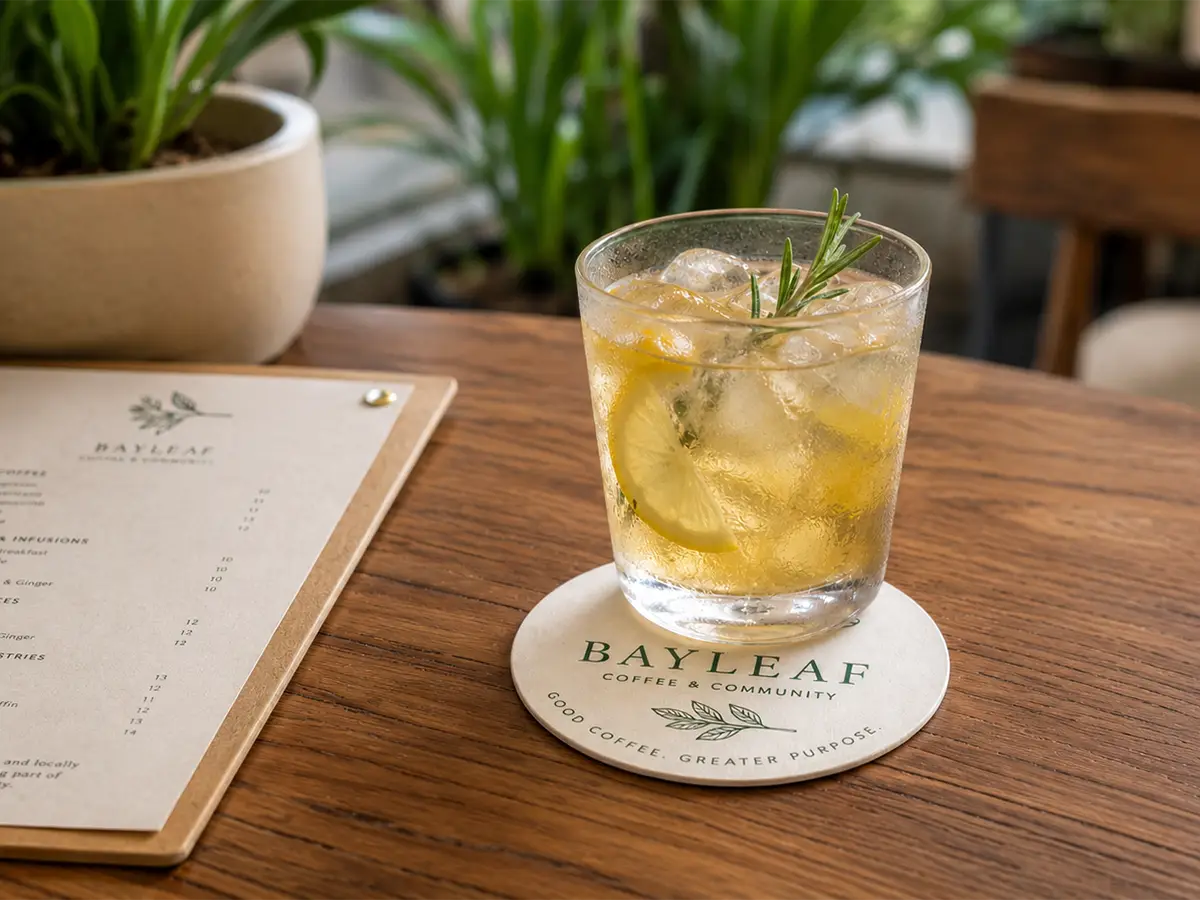 Cold drink on a custom printed pulpboard coaster in a bright cafe setting with plants and a menu nearby.