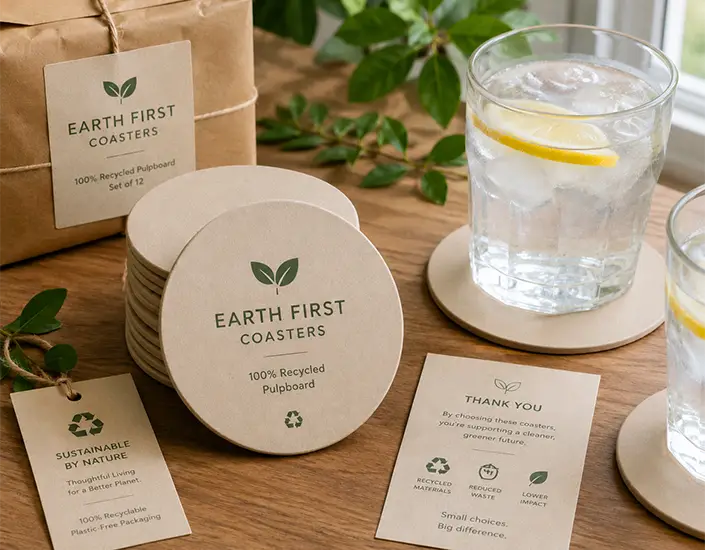 Stack of recyclable pulpboard coasters with eco-friendly packaging, drink glasses, and sustainability cards on a wooden table.