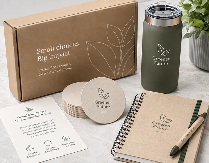 Eco-friendly branded merch kit with pulpboard coasters, reusable drinkware, notebook, pen, and recyclable packaging.