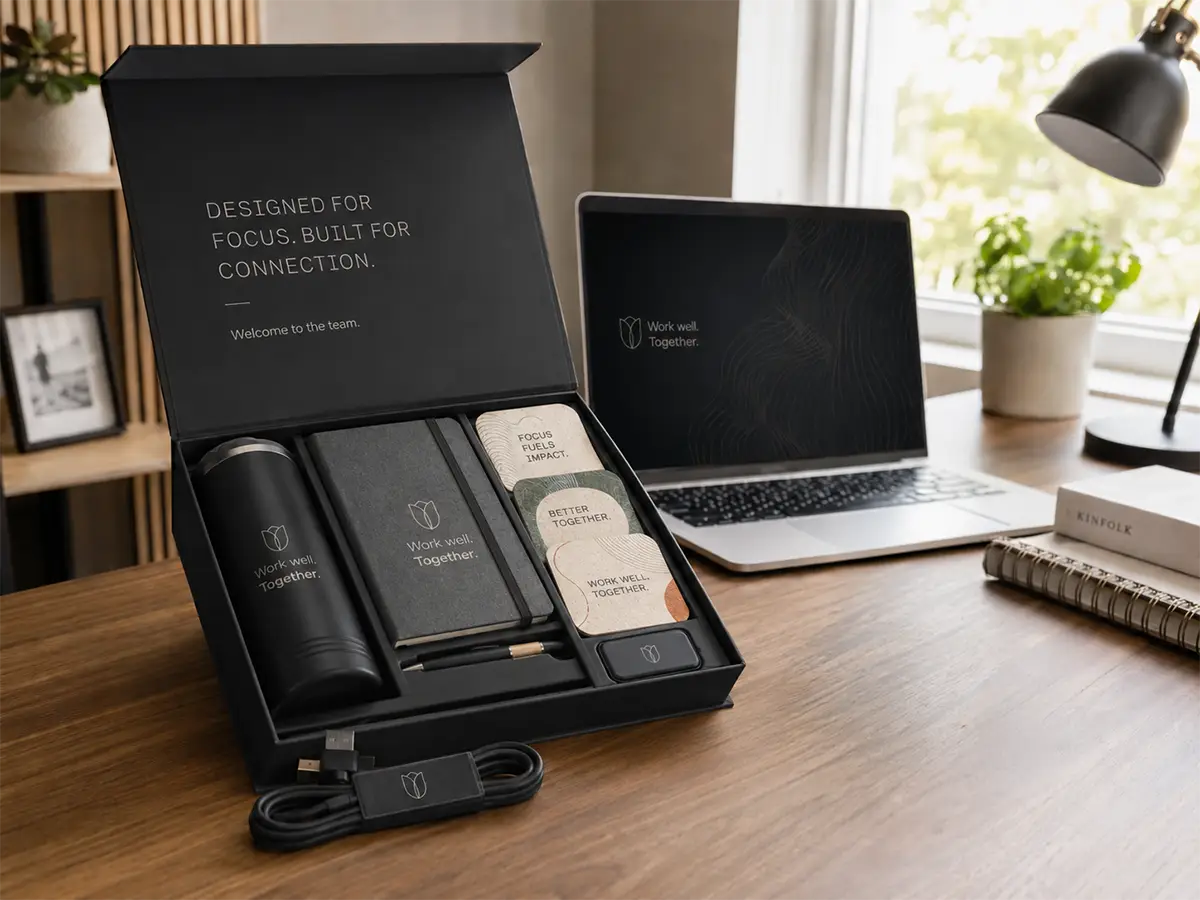 Premium hybrid work merch kit with branded drinkware, notebook, pen, cable, and custom coasters on a home office desk.