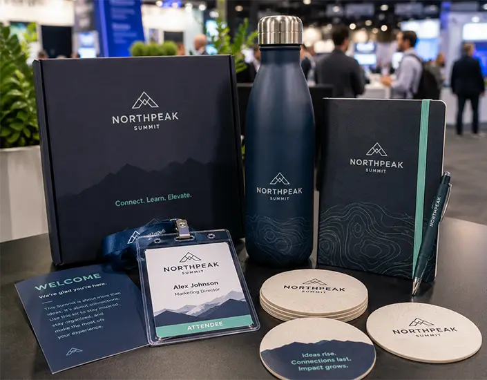 Trade show branded merch kit with event coasters, water bottle, notebook, badge holder, pen, and welcome card.