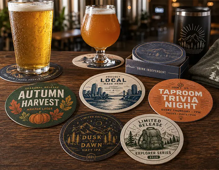 Custom brewery coasters with seasonal, local, and event-themed designs displayed on a wooden taproom table with craft beers and branded drinkware.