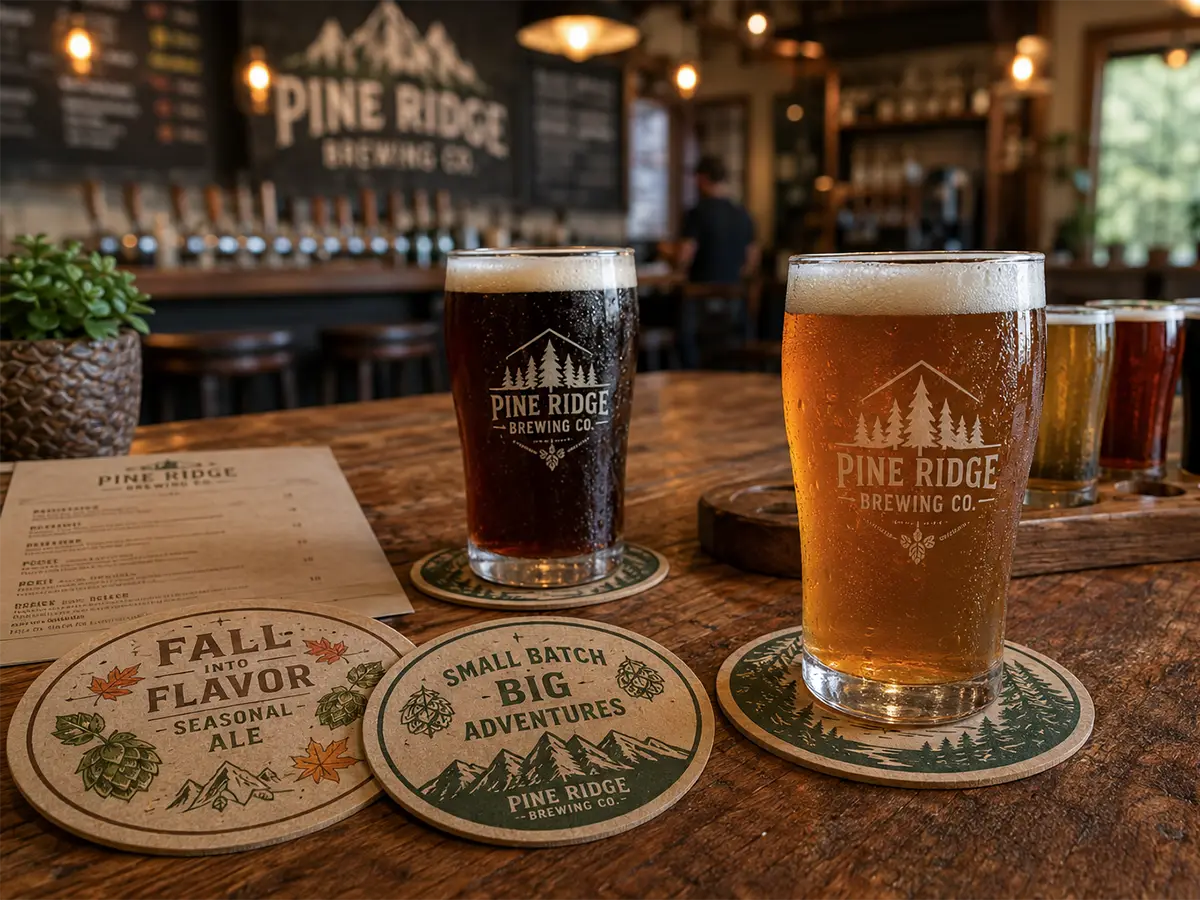 Craft beers served on custom Pine Ridge Brewing Co. coasters in a warm taproom setting with seasonal coaster designs in the foreground.