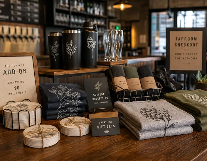 Brewery merch display featuring custom coasters, folded apparel, tumblers, and gift-ready merchandise arranged near a taproom checkout area.