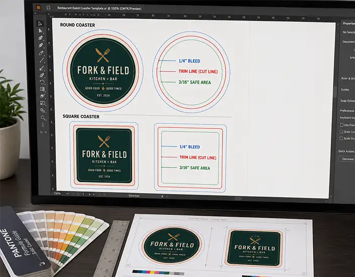 Computer screen showing print-ready round and square coaster templates with bleed, trim line, and safe area guides.