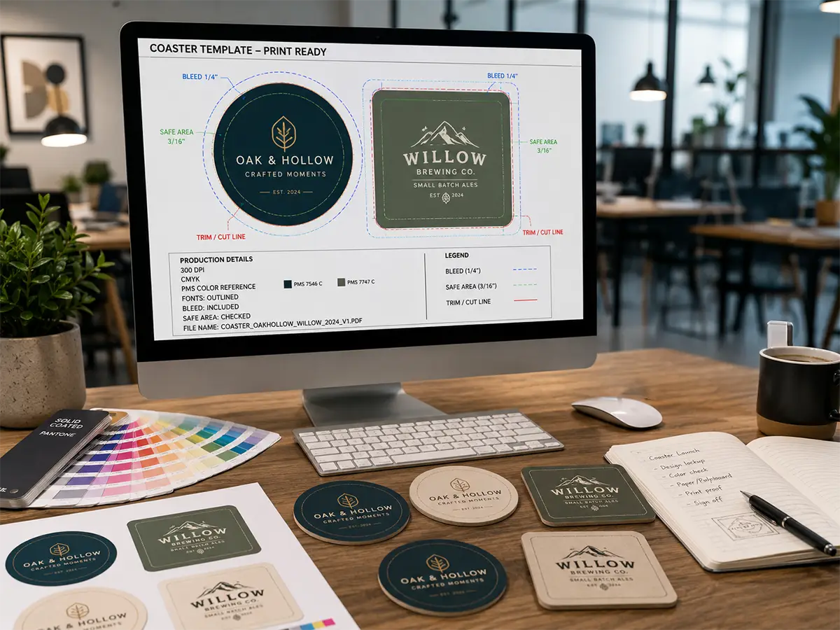 Design workstation displaying print-ready coaster templates with PMS swatches, proof sheets, and finished coaster samples.