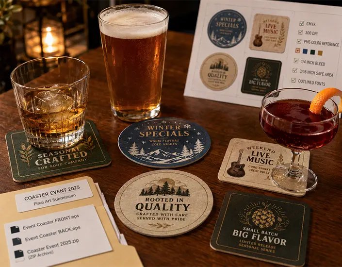 Finished custom printed coasters on a hospitality table with drinks, proof sheet, and organized artwork submission files.