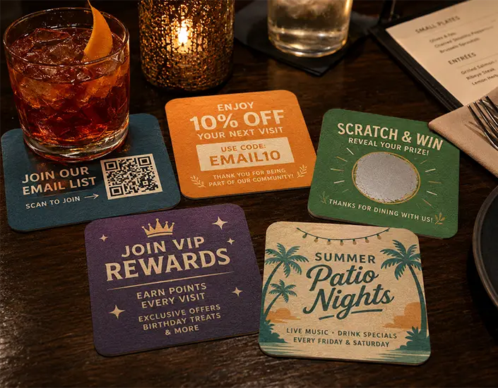 Custom restaurant coasters featuring QR codes, promo codes, VIP rewards, scratch-and-win, and patio night promotions on a bar table.