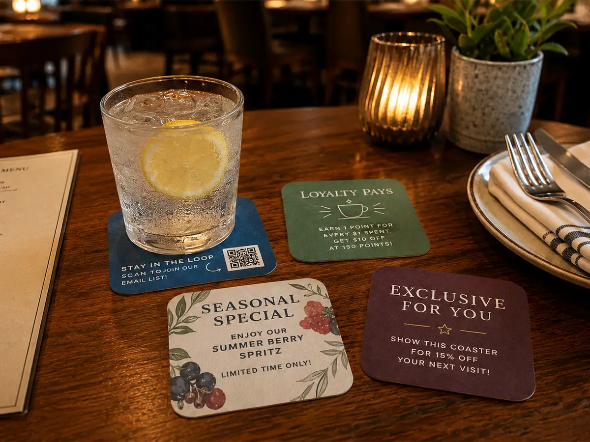 Restaurant table with a drink on a QR code coaster and promotional coasters for loyalty rewards, seasonal specials, and return offers.