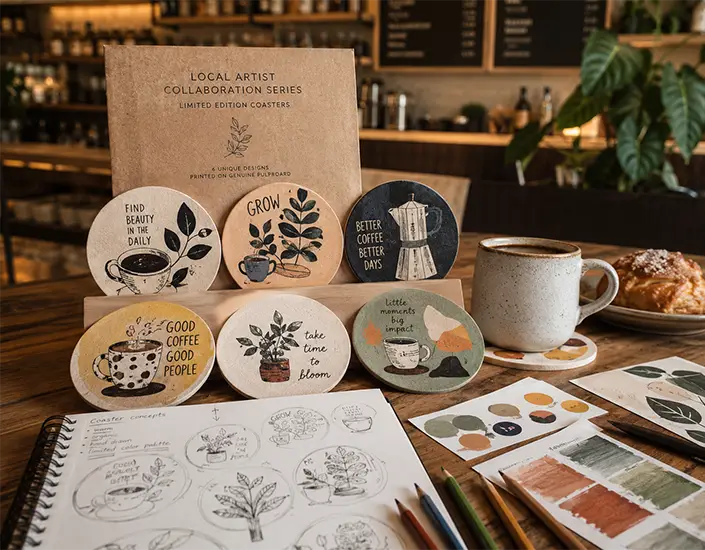 Custom coffee shop coasters displayed with sketchbook pages, color swatches, pencils, a coffee cup, and pastry in a warm cafe setting.