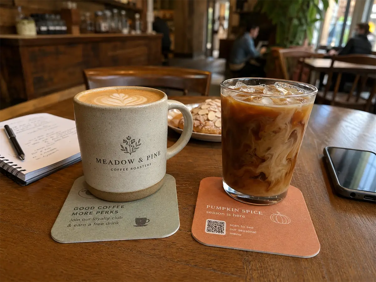 Latte and iced coffee on custom printed coffee shop coasters promoting a loyalty club and seasonal pumpkin spice menu.
