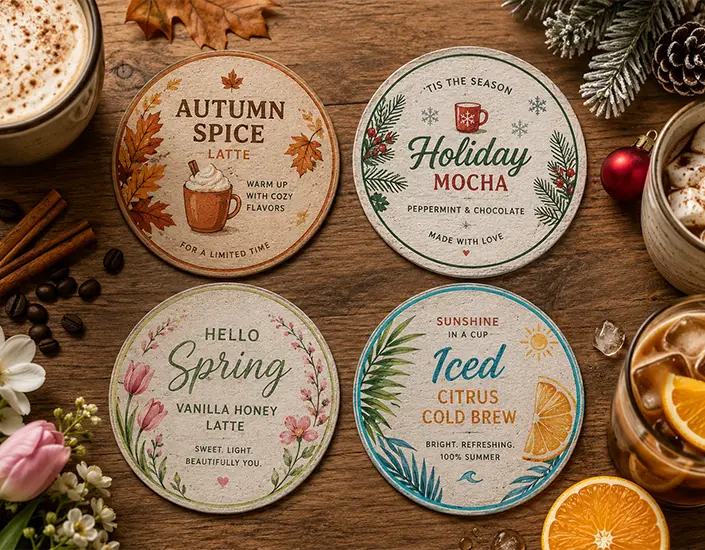 Four seasonal coffee shop coasters featuring autumn, holiday, spring, and summer drink promotions arranged with matching props.