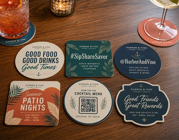 Set of custom Harbor & Vine restaurant coasters with hashtags, QR code, social handle, patio promotion, and loyalty messaging.
