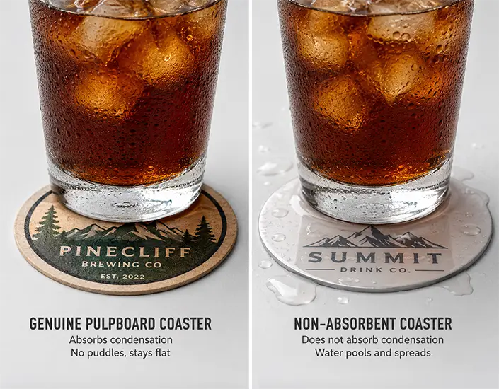 Side-by-side comparison showing a pulpboard coaster absorbing condensation and a non-absorbent coaster with water pooling.