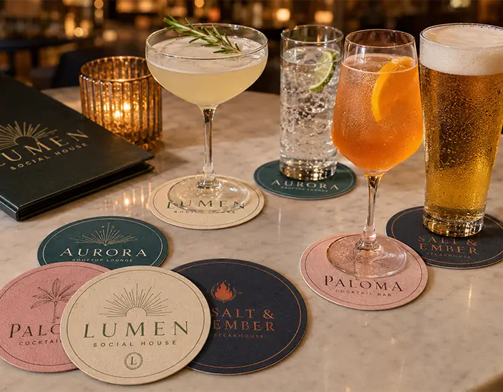 Branded pulpboard coasters displayed on a bar with cocktails, beer, and extra coasters in a warm hospitality setting.