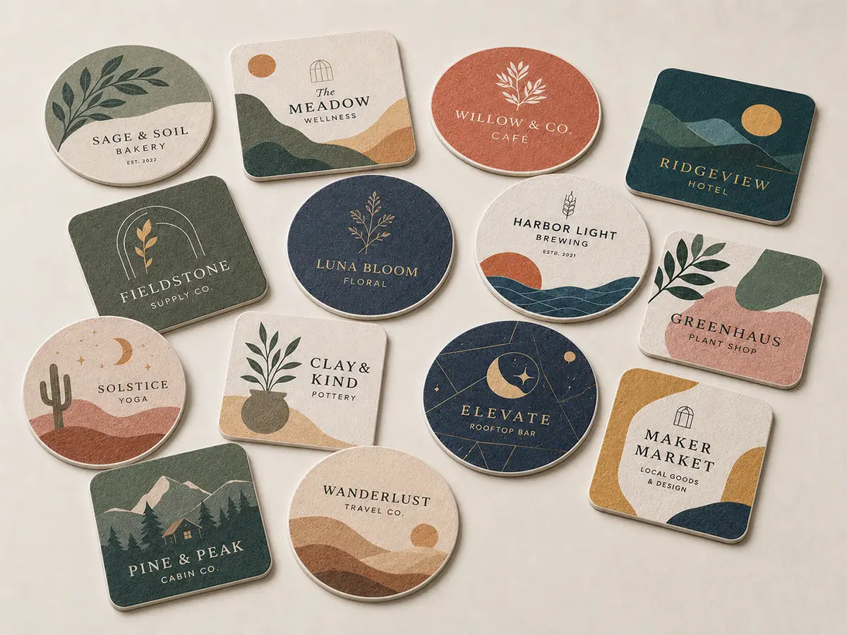 Custom printed pulpboard coasters in round and square shapes arranged on a tabletop with assorted fictional brand designs.