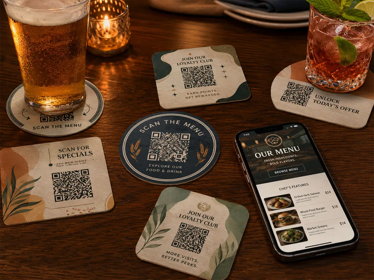 Restaurant table with custom QR code coasters for menus, specials, loyalty club, and offers beside drinks and a smartphone menu page.