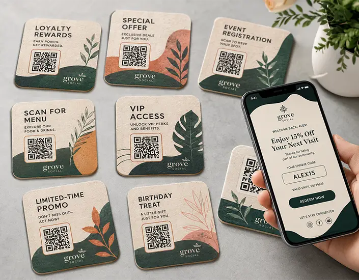 Set of custom QR code coasters with unique campaign messages and a smartphone showing a personalized loyalty offer.