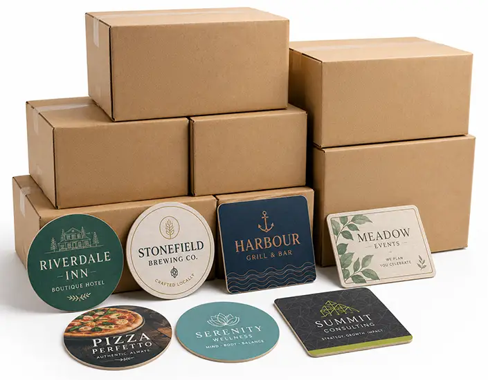 Bulk custom printed pulpboard coasters displayed with stacked shipping boxes for reseller and corporate orders.