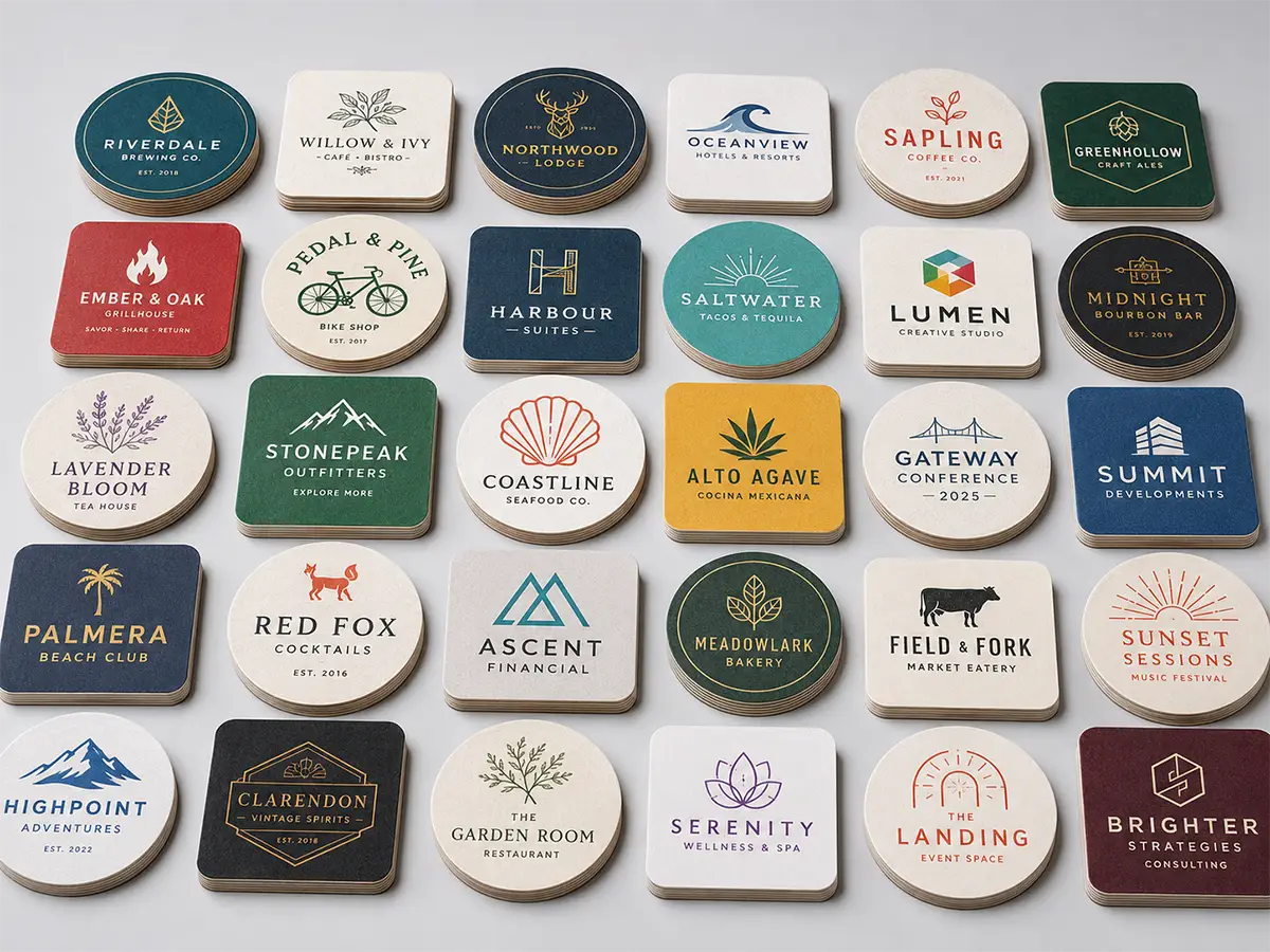 Large assortment of round and square custom printed pulpboard coasters arranged in rows to show bulk print variety.