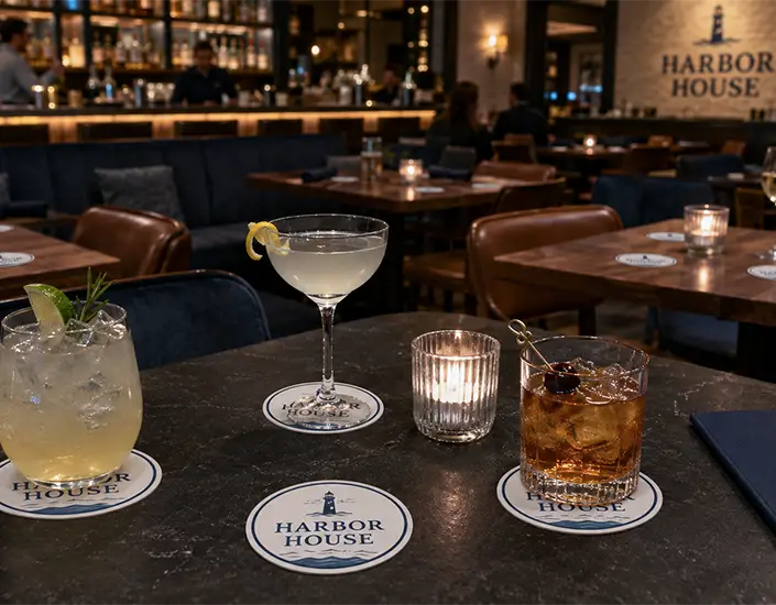 Branded pulpboard coasters used under cocktails on multiple tables inside a modern restaurant bar.