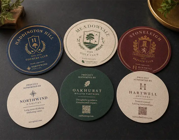 Custom private club coasters arranged on a dark tabletop, showing club crest designs and sponsor recognition layouts with QR codes.