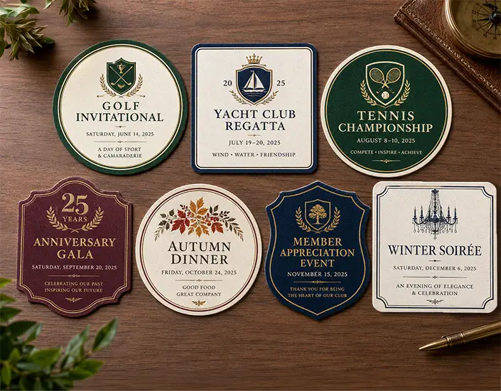 Flat lay of custom printed private club event coasters for golf, yacht, tennis, anniversary, dinner, appreciation, and winter events on a wood tabletop.