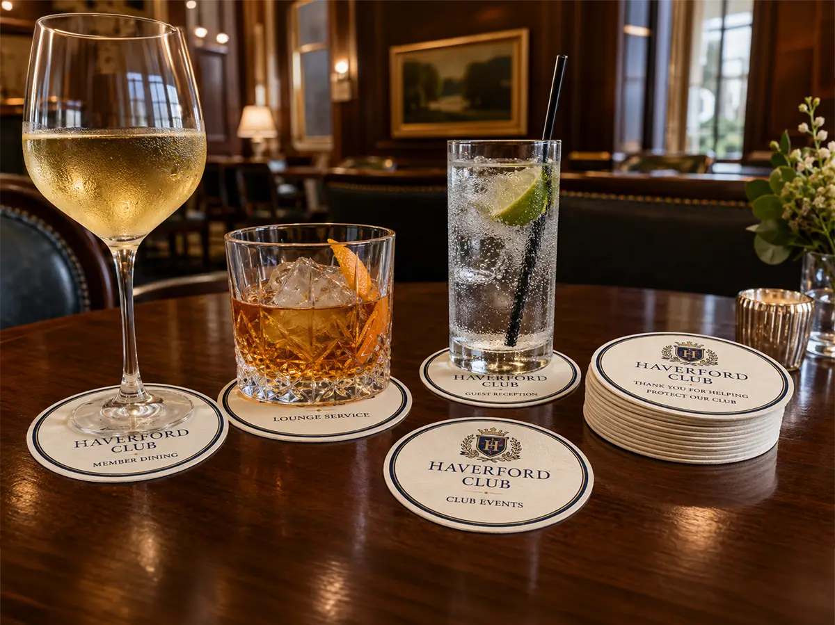 Custom Haverford Club pulpboard coasters under drinks on a polished wood table inside an upscale club lounge.