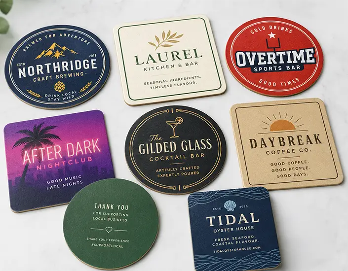 Assorted custom printed pulpboard coasters for bars, restaurants, cafes, and breweries.