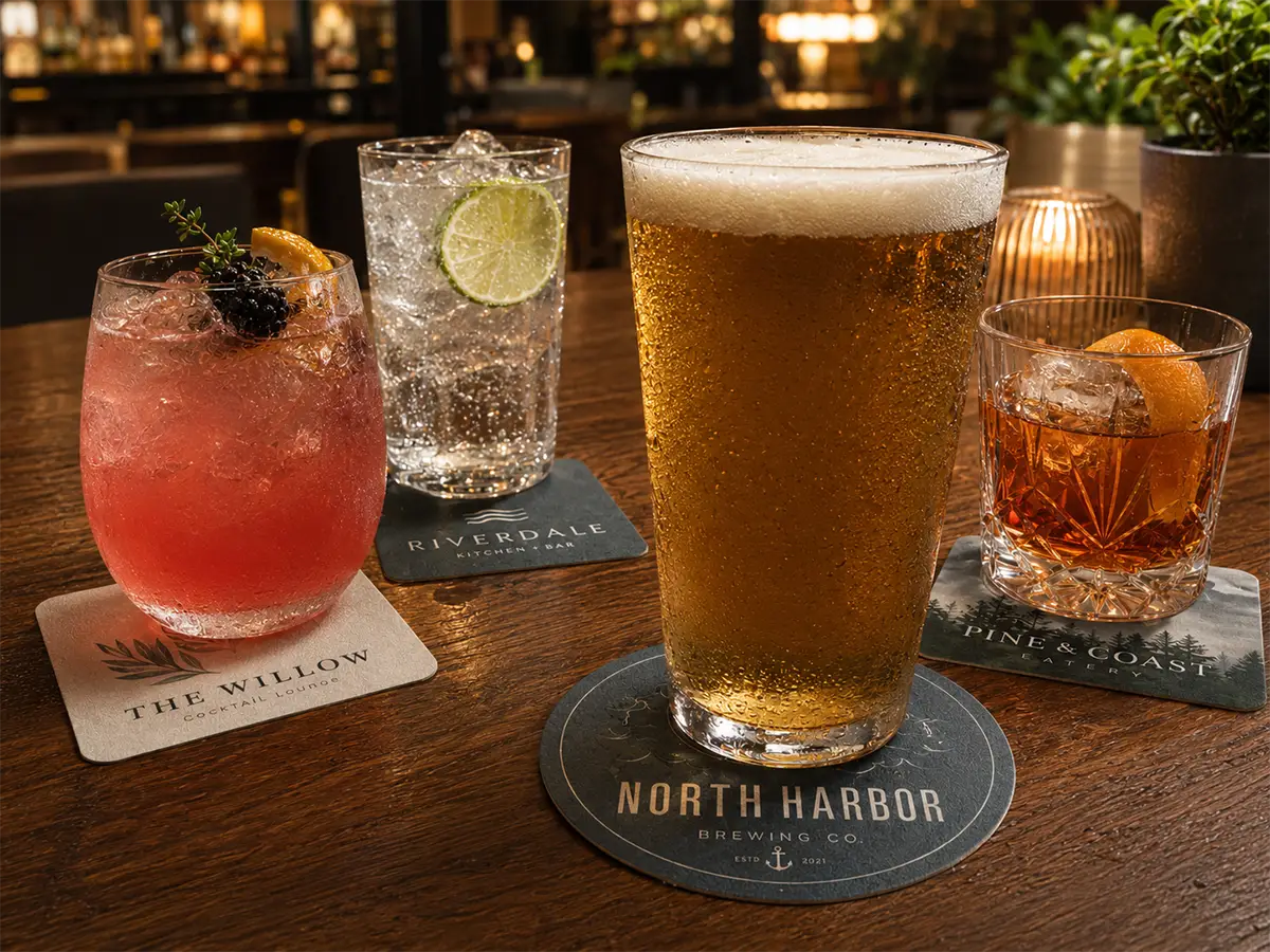 Custom printed pulpboard coasters under beer and cocktails on a wooden bar table.