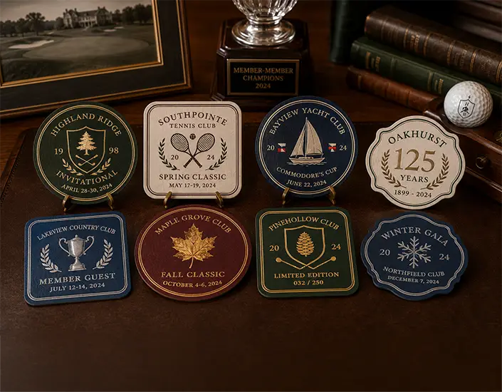 Custom club event coasters displayed on a wooden desk with trophies, books, and golf accents, showing collectible designs for tournaments and member events.