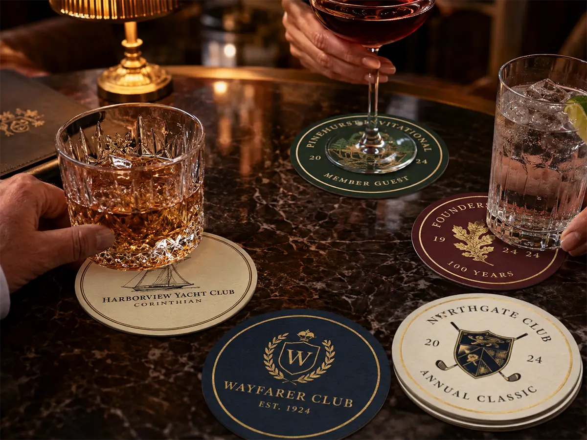 Custom printed club coasters on a marble bar with cocktail glasses, showing premium crest-style designs for yacht, golf, and private club events.