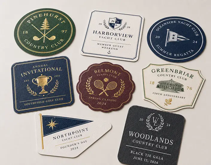 Custom shaped club coasters arranged on a clean surface, featuring golf, yacht, tennis, gala, and anniversary designs with premium crest-style artwork.