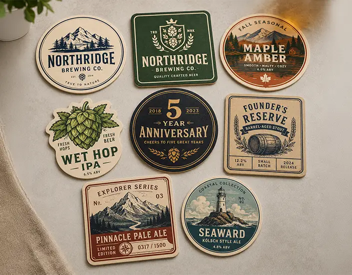 Collection of custom Northridge Brewing Co. pulpboard coasters featuring seasonal, anniversary, IPA, and limited-edition beer designs.