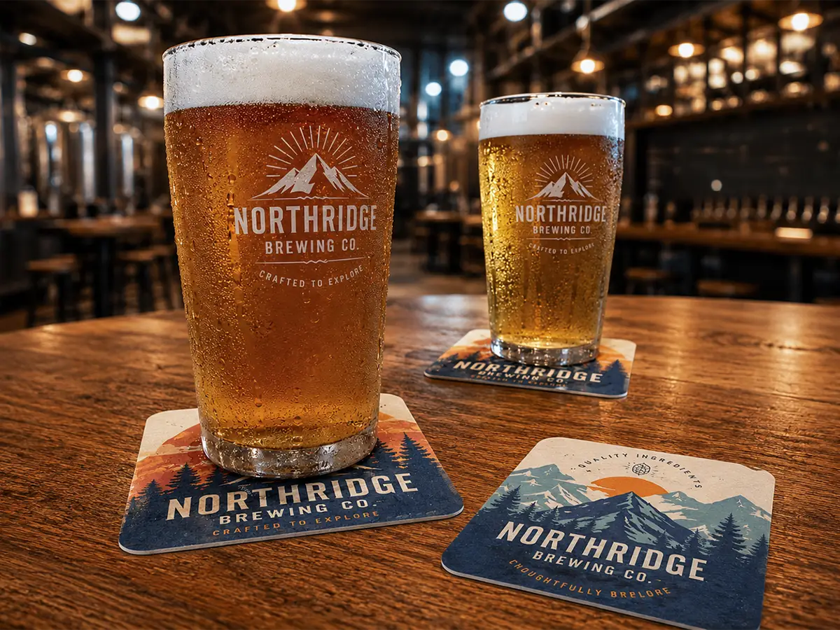 Two branded beer glasses on custom Northridge Brewing Co. pulpboard coasters inside a warm brewery taproom.