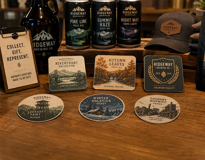 Custom Ridgeway Brewing Co. pulpboard coasters displayed with beer cans, a growler, and brewery merchandise.
